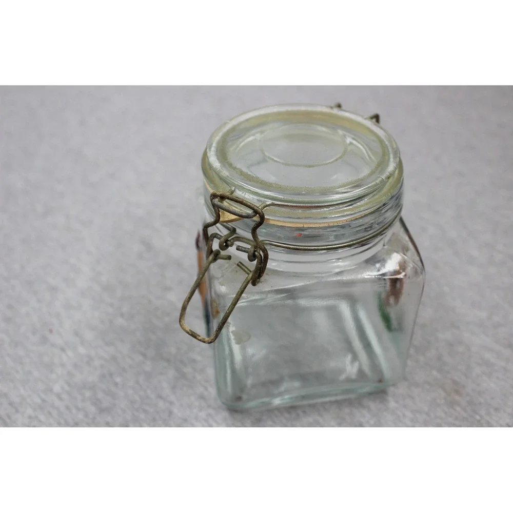 Vintage Hand Painted Rooster Canisters‎ Clear Glass Wire Bale Lid 3pc Set